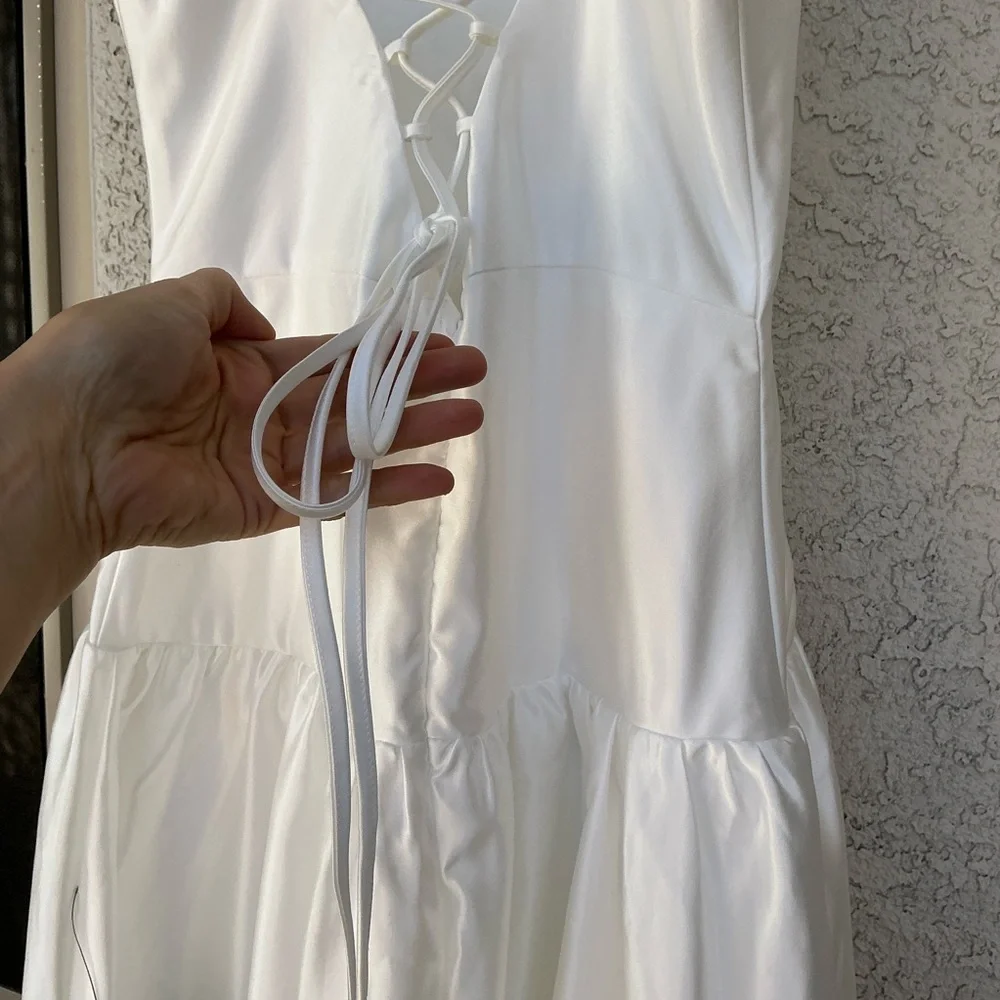 NWT Lulu’s Modern Adoration White Satin Backless Lace-Up Maxi Dress Small - Picture 11 of 13